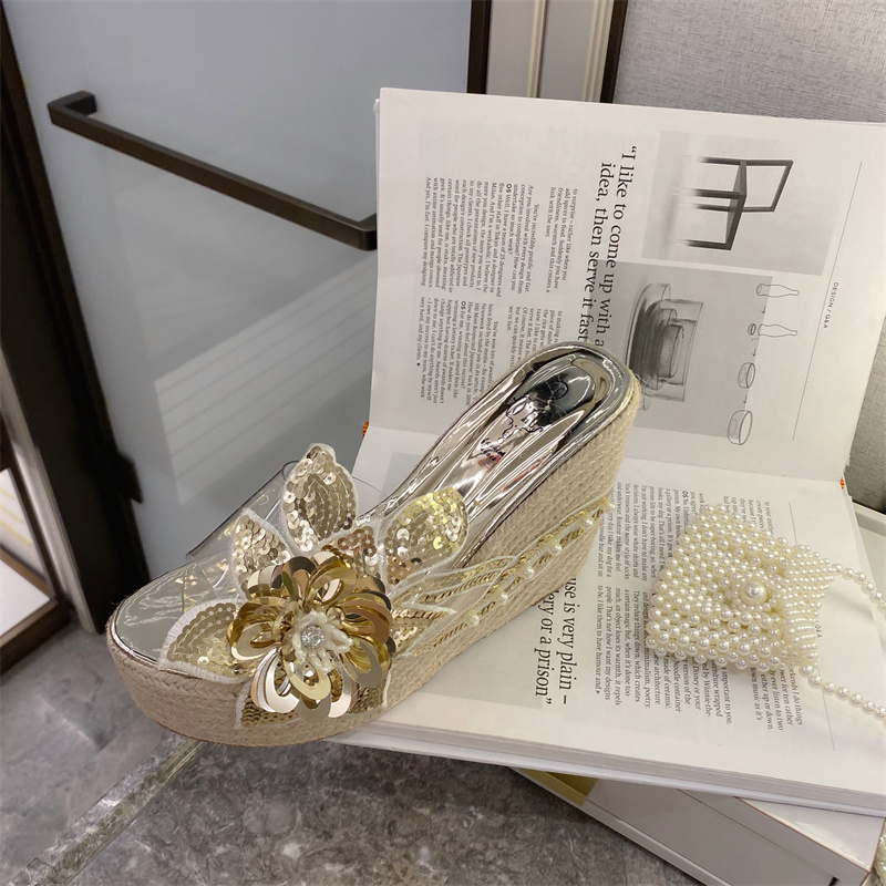 2024-summer-korean-style-sequined-flower-transparent-wedge-woven-high-heel-slippers_4 2024 Summer Korean Style Sequined Flower Transparent Wedge Woven High Heel Slippers