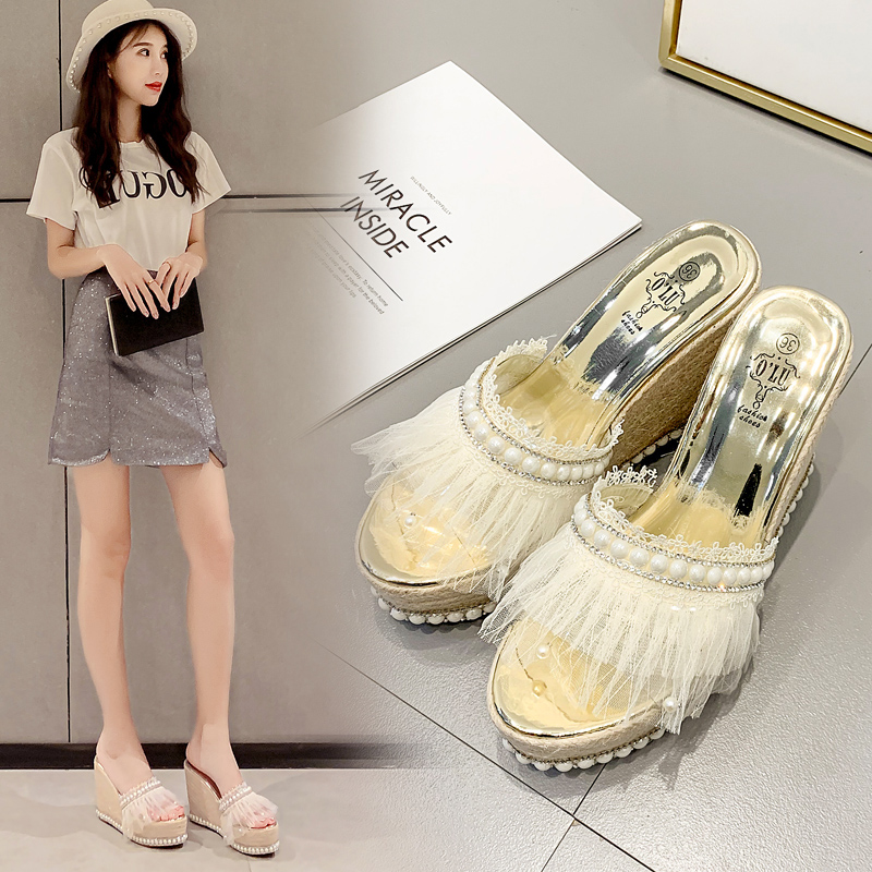 2024 Summer New Fashion Pearl Rhinestone High Heel Platform Slippers for Women 34-42