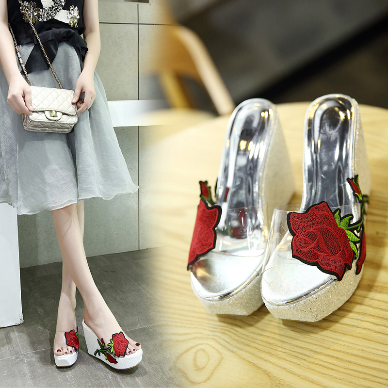 2024 Summer New Style Wedge Heel Rose Transparent Slippers for Women Outdoor 34-42