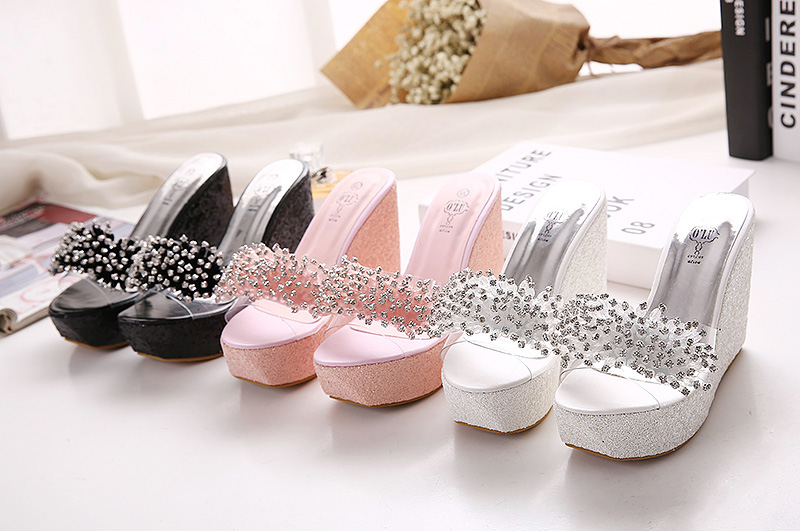 2025 Summer New Transparent Rhinestone Beaded Platform Wedge Thick Sole Slippers Sandals 34-42