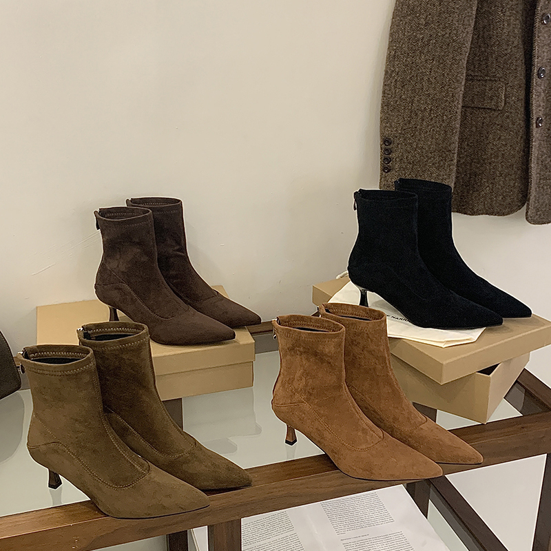 2026 Minimalist Pointed Toe Short Boots Fashion Versatile Thin Heel Comfortable High Heel Solid Color Back Zipper Ankle Boots - Style 31abab