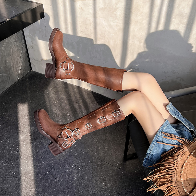 miu-womens-chunky-heel-high-boots-2023-new-punk-square-toe-buckle-knight-riding-boots Miu Women's Chunky Heel High Boots 2023 New Punk Square Toe Buckle Knight Riding Boots