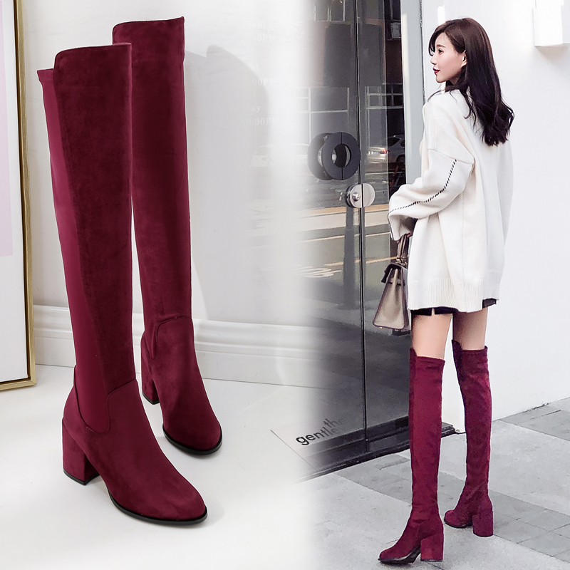 new-5050-over-knee-boots-for-women-high-heel-chunky-heel-autumn-winter-patchwork-wine-red-slim-boots-style-0f005c New 5050 Over Knee Boots for Women High Heel Chunky Heel Autumn Winter Patchwork Wine Red Slim Boots - Style 0f005c