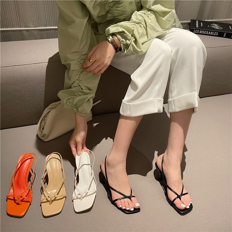 Women's Kitten Heel Toe Clip Sandals Handmade Cross Strap Square Toe Buckle Shoes